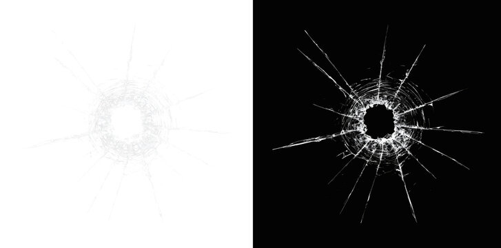 Realistic broken glass crack with bullet hole. Shattered window texture overlay. Impact damage effect isolated. Spider web fracture pattern on transparent background.