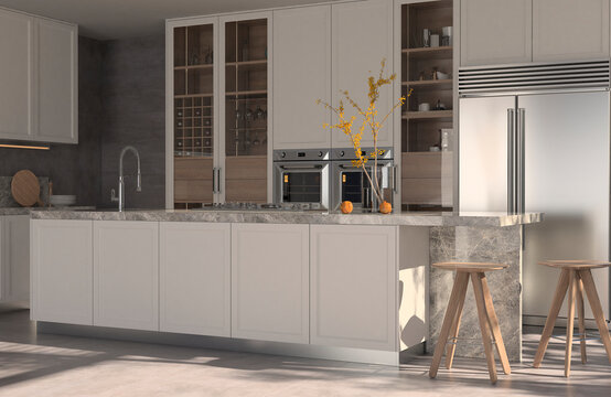 Modern interior of kitchen with living room. 3d render