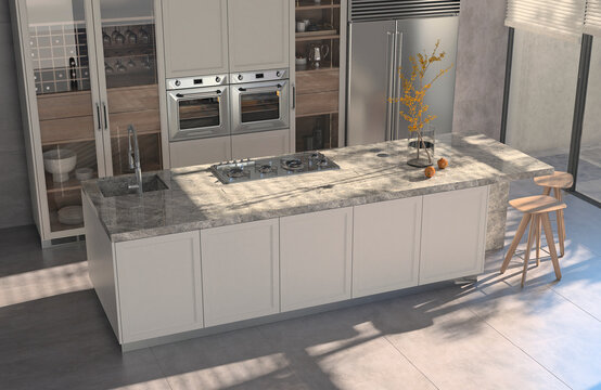 Modern interior of kitchen with living room. 3d render