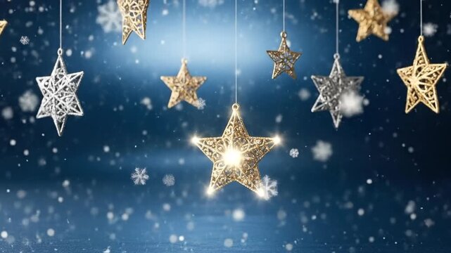 Festive holiday background with hanging gold and silver stars, creating a magical atmosphere.