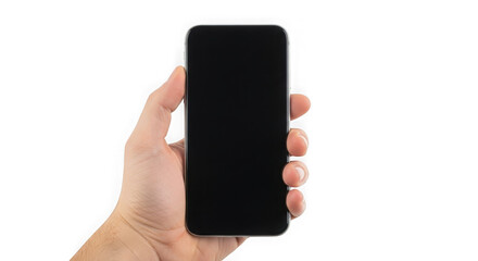 Hand holding a black smartphone with a blank screen isolated on a transparent background