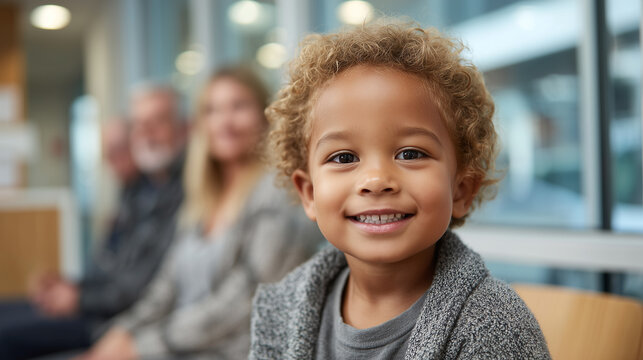 Smiling toddler with curly hair in modern clinic waiting room with family background