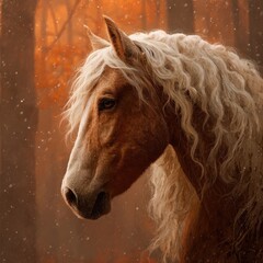 Fototapeta premium Brown horse with long curly white mane standing in a snowy autumn forest backdrop