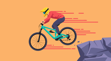 Exciting vector illustration of a downhill mountain biker jumping off a rock ledge, capturing the thrill of extreme sports © PDWN Creative
