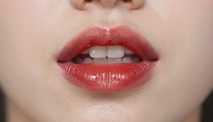 Fototapeta premium Glossy Deep Red Lipstick Application on Latina Beauty Model