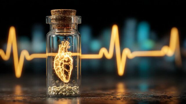 Glowing heart in a glass jar with a cork stopper on a dark surface with blurred background