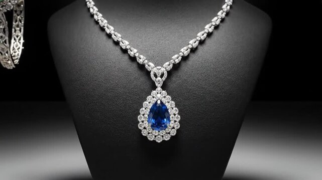 Elegant jewelry collection featuring necklaces, bracelets, and rings displayed on stands against a dark background.