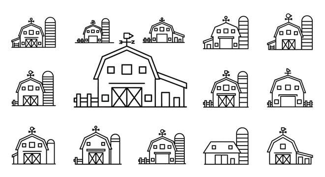 Line Art Illustration of Farm Buildings with Barns and Silos in a Rural Landscape Scene