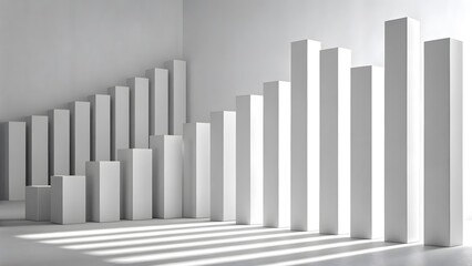 Obraz premium An abstract representation of data visualization with varying white rectangular bars casting strong shadows, suggesting growth and decline