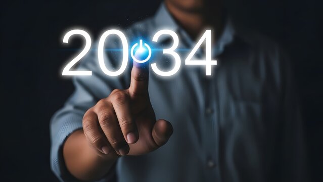 Finger is pointing towards a bright glowing "2034" with a power symbol, signifying future readiness and innovation.