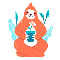 Naklejka premium Sloth cute flower animal