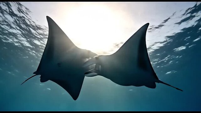 Manta ray swimming underwater with sunbeam, ocean wildlife scene for documentary or presentation