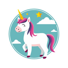 A captivating illustration of a charming unicorn with a golden horn, a pink mane and tail, and a whimsical background. The unicorn is depicted in a playful stance within a circular frame.