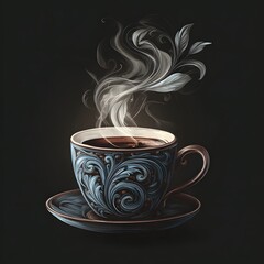 A steaming cup of coffee in a beautifully designed blue and gold teacup