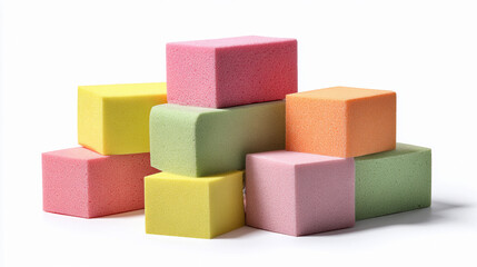 Colorful sponges stacked in a creative arrangement on a flat surface