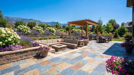 Fototapeta premium Luxury outdoor living patio with fire pit sofa seating pergola and mountain view