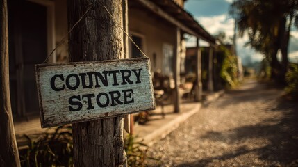 Obraz premium Weathered wooden sign reading COUNTRY STORE in a small-town storefront