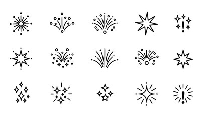 Collection of simple black line art illustrations depicting various firework shapes