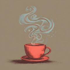 A steaming cup of coffee on a saucer against a brown background