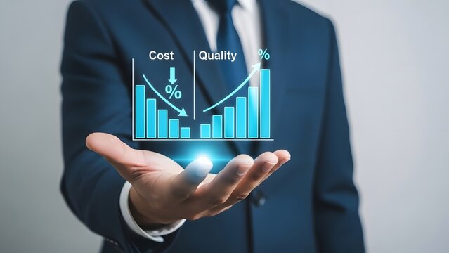 Businessman shows a holographic graph illustrating decreasing costs and increasing quality for business efficiency.
