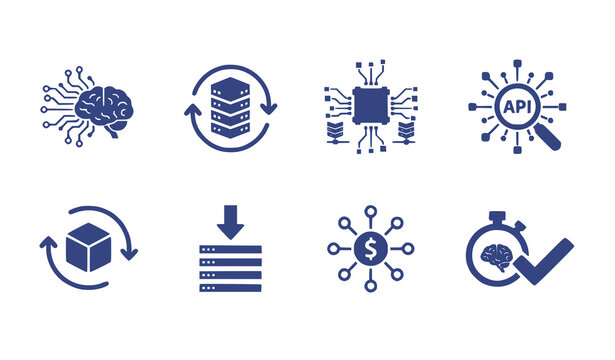 Artificial intelligence data processing and api integration illustrated in blue icons