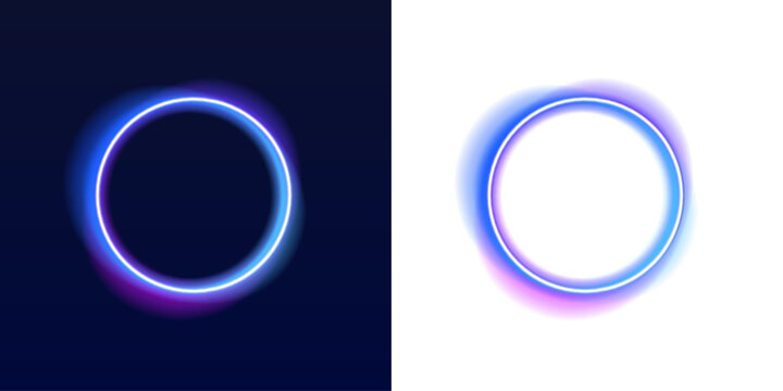 Futuristic neon circle border emits smooth pink and cyan light. Subtle glow enhances depth and 3D effect. Perfect for modern web banners and UI elements. PNG