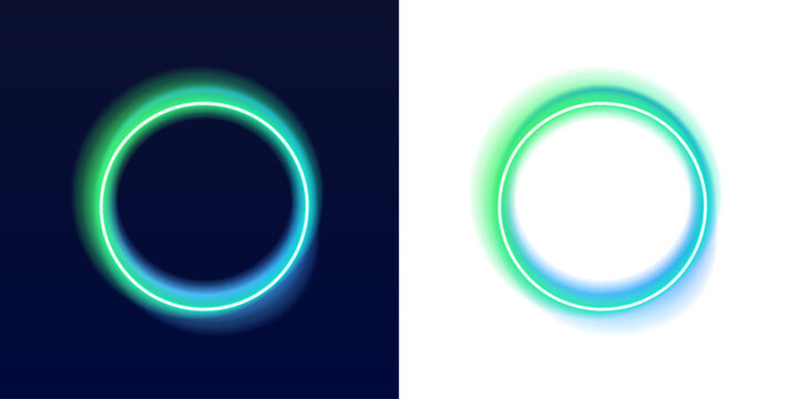 Glowing neon circle border with smooth cyan and magenta blend. Minimalist luminous outline enhances modern digital look. Ideal for logo templates and UI frames. PNG