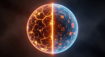 A planet in space with a divided surface, one side molten and the other icy.