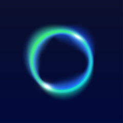 Obraz premium Glowing neon circle frame shines with electric blue and violet gradients on a deep black background. Smooth luminous edges create a futuristic aura. Perfect for banners, posters. 