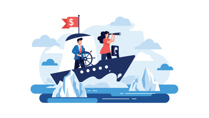 Fototapeta premium Business people navigating a ship through icebergs, symbolizing business challenges, risk management, and strategic navigation in uncertain markets.