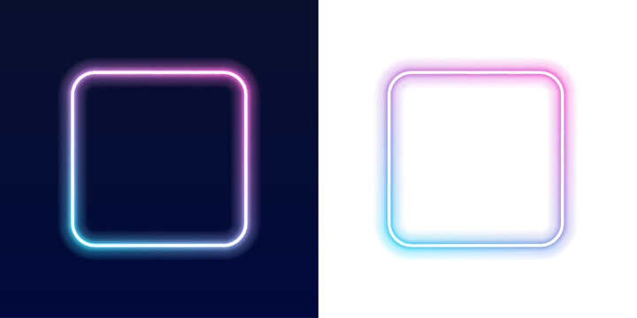 Glowing neon square frame shines with electric blue and hot pink gradients. Sharp radiant beams extend from each corner into darkness. Futuristic luminous border with space for text. PNG