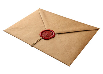 Vintage brown kraft envelope with a red wax seal isolated on a transparent background.