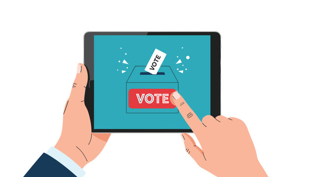Hands holding a tablet and casting an online vote, symbolizing digital democracy, electronic voting, and civic participation in the modern age.