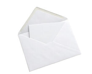 white envelope paper envelope with a blank white card inside for mockup isolated on a transparent background.