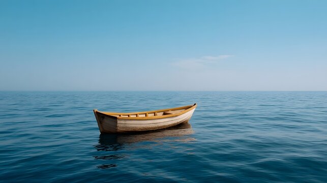 A solitary wooden rowboat floats on calm blue water under a clear serene sky
