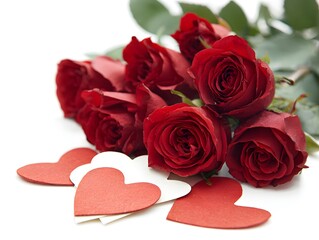 Red roses and hearts isolated on white background for Valentines day