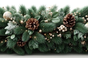 Naklejka premium Festive Christmas garland with pine branches, berries, and warm fairy lights for holiday decor