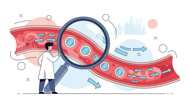 Medical professional examining a human blood vessel with a magnifying glass, depicting cardiovascular health, circulation, and diagnostic processes.