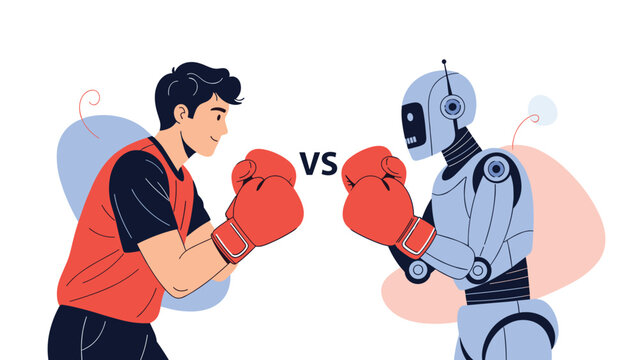 Man and robot in boxing gloves facing each other with a "VS" sign, symbolizing human versus artificial intelligence, competition, and the future of work.