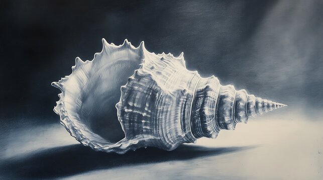 Detailed close-up of a beautiful ocean seashell on a dark background.