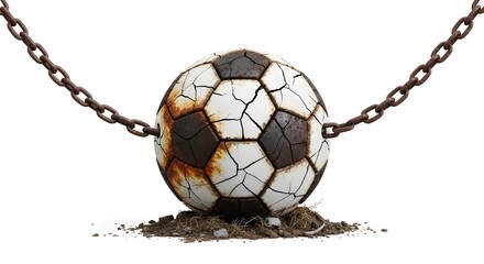Rusted Soccer Ball Held by Large Metal Chains on Dirt Ground cracked black and white