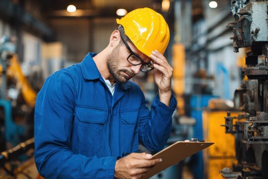 Frustrated Hispanic engineer on the factory floor facing a difficult technical problem