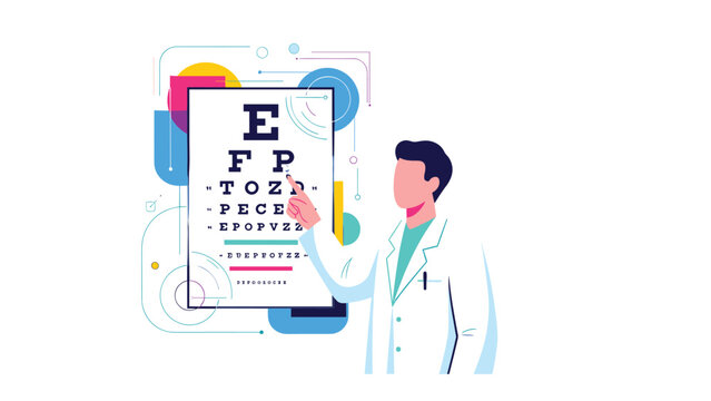 Eye doctor pointing at an eye chart, illustrating ophthalmology, eye care, vision testing, and optical health services.