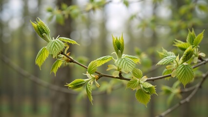 Close up of new green leaves budding on a tree branch in spring. Selective focus on fresh foliage in a forest. Growth and renewal nature concept