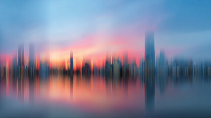 Fototapeta premium City skyline at sunset with reflections on the water, creating a beautifully blurred effect and vibrant colors.