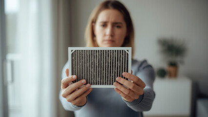 Inspecting a hepa air purifier filter in a modern home indoor environment close-up view air quality awareness