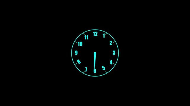 Cyan analog clock with numbers and hands on a black background 4k animation alpha channel Keywords: clock, time, cyan, blue, numbers, hands, face, dial, analog, modern, graphic, design, isolated