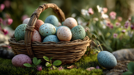 Obraz premium Colorful Easter eggs in a woven basket placed among flowers outdoors 