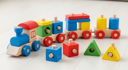 Colorful wooden toy train and blocks on a light floor, representing childhood learning and development