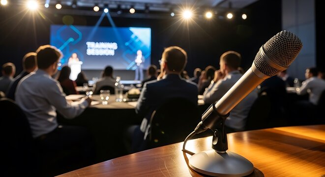 Microphone in the foreground at a business training session with blurred audience and stage in the background